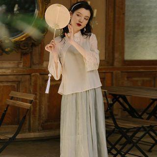 Set: Mandarin Collar Top + Camisole + A-line Midi Skirt