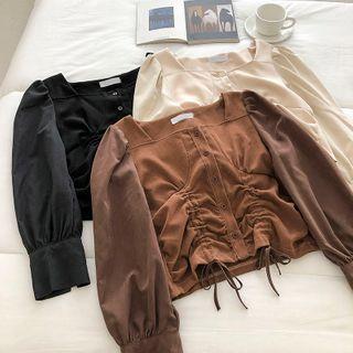 Square-neck Frilled Lace-up Long-sleeve Blouse