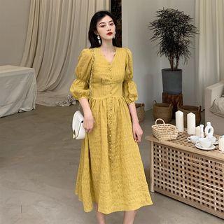 Lantern-sleeve Single-breasted Midi Dress
