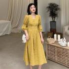 Lantern-sleeve Single-breasted Midi Dress