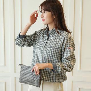 Pocket-front Lettering-appliqu  Checked Shirt