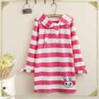 Rabbit Print Striped Long-sleeve A-line Dress Red - One Size