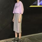 Elbow-sleeve Lettering T-shirt / Contrast-trim Midi Skirt