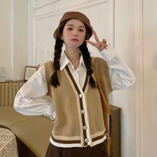 Contrast Trim Button-up Sweater Vest / Mini Wrap Skirt / Shirt