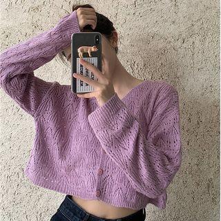 Long-sleeve Button-up Pointelle Knit Top