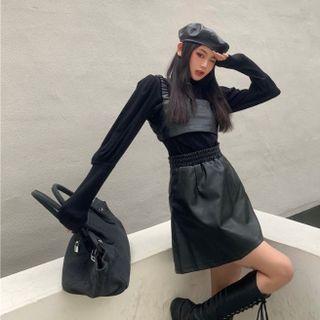 Set: Sleeveless Top + A-line Skirt + Turtleneck Top