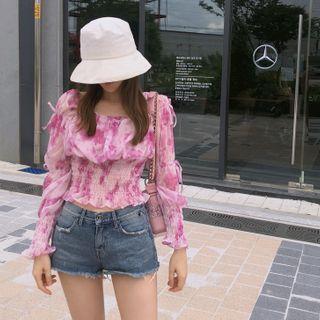 Beribboned Smocked-waist Dyed Crop Top Pink - One Size
