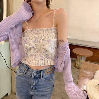 Long-sleeve Plain Cardigan Knit / Floral Print Cropped Camisole
