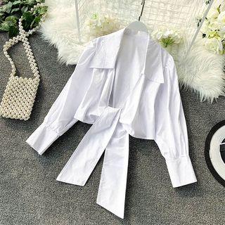 Long-sleeve Tie-front Collared Top White - One Size