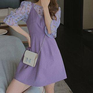 Set: Floral Print Blouse + Sleeveless Mini Dress