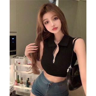 Sleeveless Cropped Zip Polo-shirt