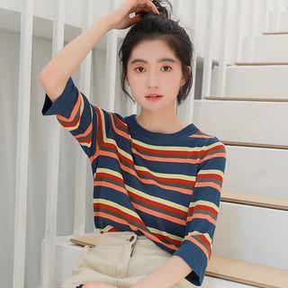 Striped 3/4-sleeve Knit Top As Shown In Figure - One Size