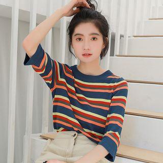 Striped 3/4-sleeve Knit Top As Shown In Figure - One Size