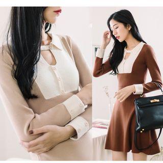 Color Block Long-sleeve A-line Knit Dress