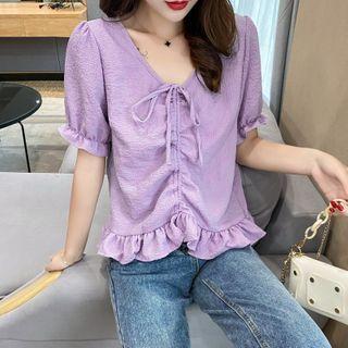 Ruffle Trim Short-sleeve V-neck Drawstring Blouse