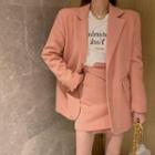 Long-sleeve Plain Blazer / High-waist Asymmetric Plain Skirt / Long-sleeve Letter Printed T-shirt