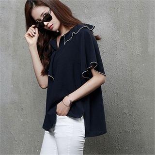 Contrast-trim Ruffled Crepe Blouse