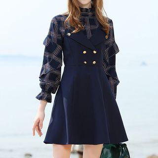 Mock Two Piece Double Breasted Plaid Panel Long Sleeve Dress
