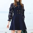 Mock Two Piece Double Breasted Plaid Panel Long Sleeve Dress