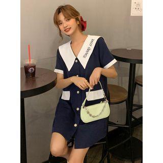 Contrast Collar Short-sleeve Button Mini A-line Dress Blue - One Size