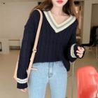 V-neck Cable Knitted Color-block Over-sized Knitted Sweater Navy Blue - One Size