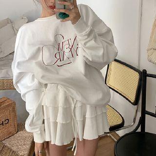 Letter Embroidered Oversized Sweatshirt / Ruffle Mini Skirt