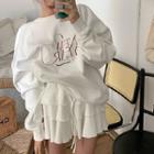 Letter Embroidered Oversized Sweatshirt / Ruffle Mini Skirt