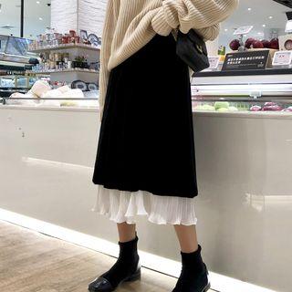 Pleated-trim Midi A-line Velvet Skirt
