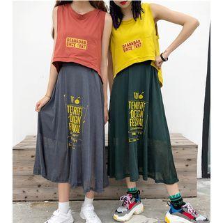 Lettering Sleeveless Hooded T-shirt / A-line Midi Skirt