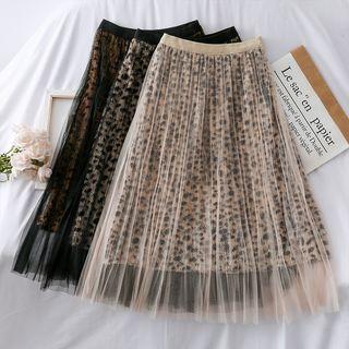 Leopard-print Mesh A-line Skirt