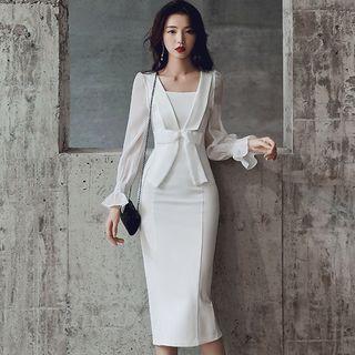 Square-neck Lantern-sleeve Midi Sheath Dress