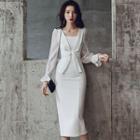 Square-neck Lantern-sleeve Midi Sheath Dress
