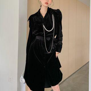 Long-sleeve Faux Pearl Tie-waist Velvet A-line Dress Black - One Size