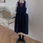 Long-sleeve Shirt / Bow Tie / A-line Midi Pinafore Dress