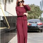 Set: Long-sleeve Slit-hem Top + Wide-leg Cropped Pants