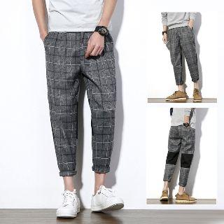 Gather Cuff Plaid Panel Cropped Pants
