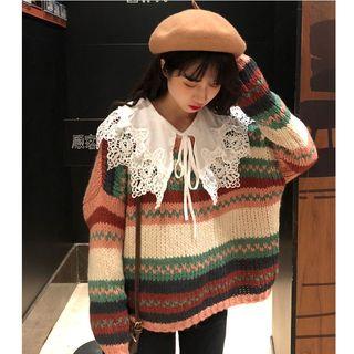Patterned Sweater/ Lace Panel Shirt
