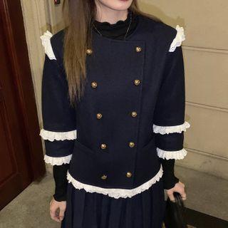 Double-breasted Lace Trim Jacket / Pleated Midi A-line Skirt