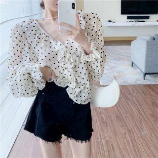 Long-sleeve V-neck Dotted Ruffle Blouse As Figure - One Size