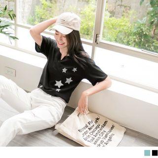 Notched Neck Star-print Short-sleeve Top
