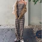 Spaghetti Strap Plaid Wide Leg Jumpsuit / Ribbed Cropped Cardigan