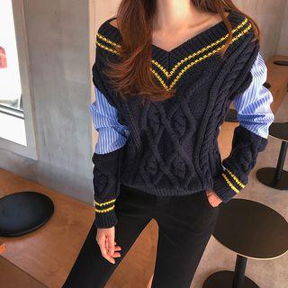 Stripe Panel Cable Knit Sweater