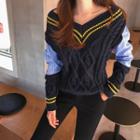 Stripe Panel Cable Knit Sweater