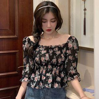 Short-sleeve Off-shoulder Floral Print Shirred Cropped Blouse