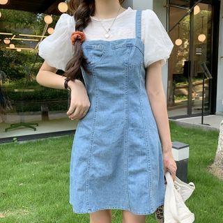 Balloon-sleeve Blouse / Denim Jumper Dress