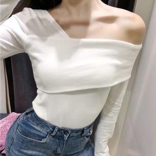 Off-shoulder Plain Long-sleeve Knit Top