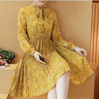 Long Sleeve Tie-neck Floral Print Midi Dress