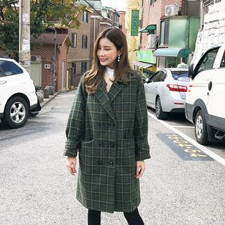 Double-breasted Plaid Coat Khaki - One Size