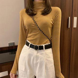 Mock-neck / Mock-turtleneck Striped Fleece T-shirt