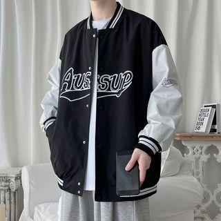 Long-sleeve Two-tone Letter Embroidered Baseball Jacket